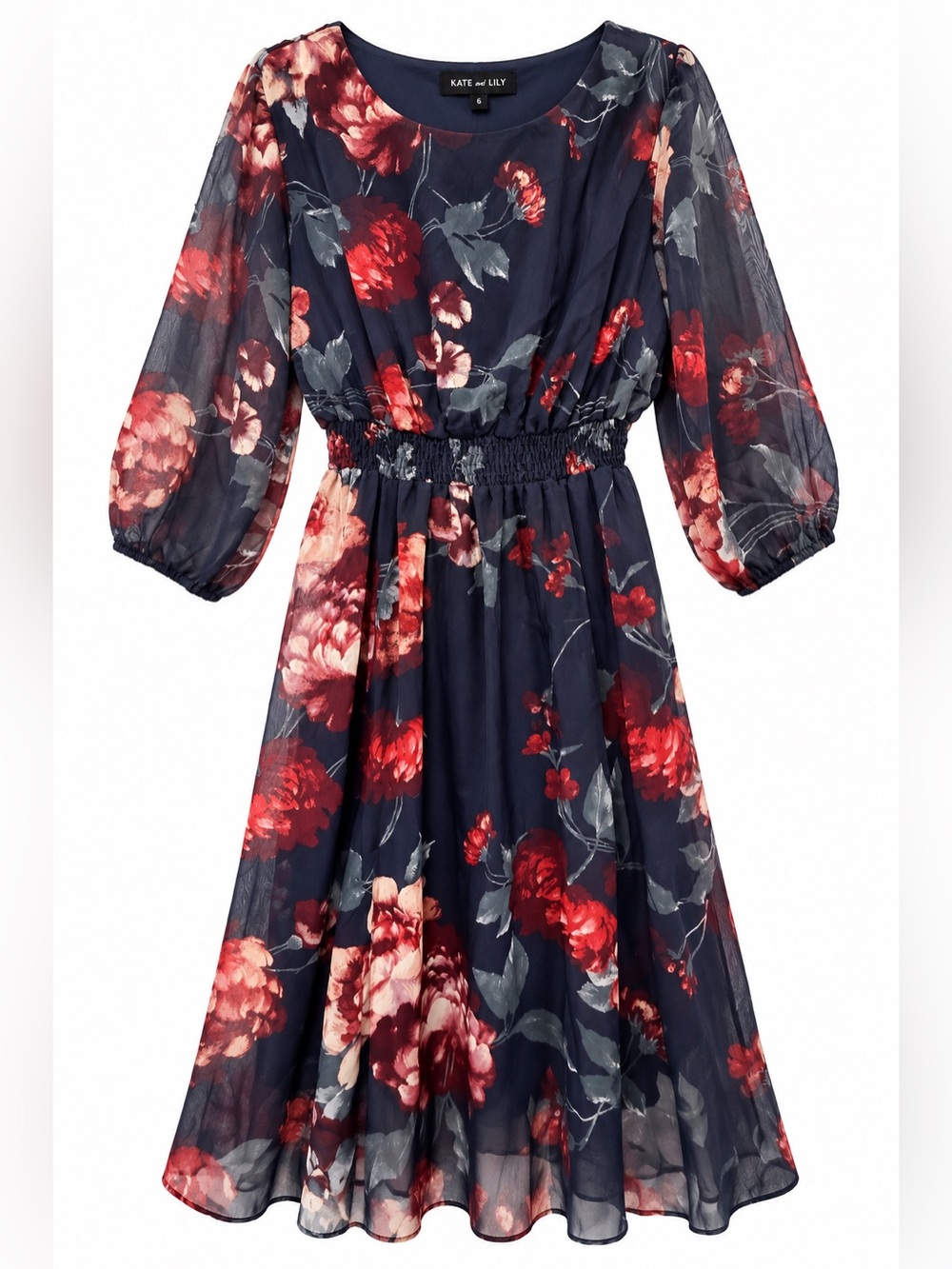 Kate and Lily Navy Floral Chiffon Midi Dress Size 6